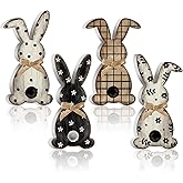 Leinuosen 4 Pcs Easter Bunny Table Decoration Rustic Bunny Table Centerpiece with Rope Bow Buffalo Plaid Spring Wavy Line Wooden Sign Tabletop Sign Easter Tiered Tray for Home Office Farmhouse