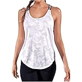 OYOANGLE Camo Print Cross Backless Workout Top for Women Tank Open Back Running Sports Yoga Shirt