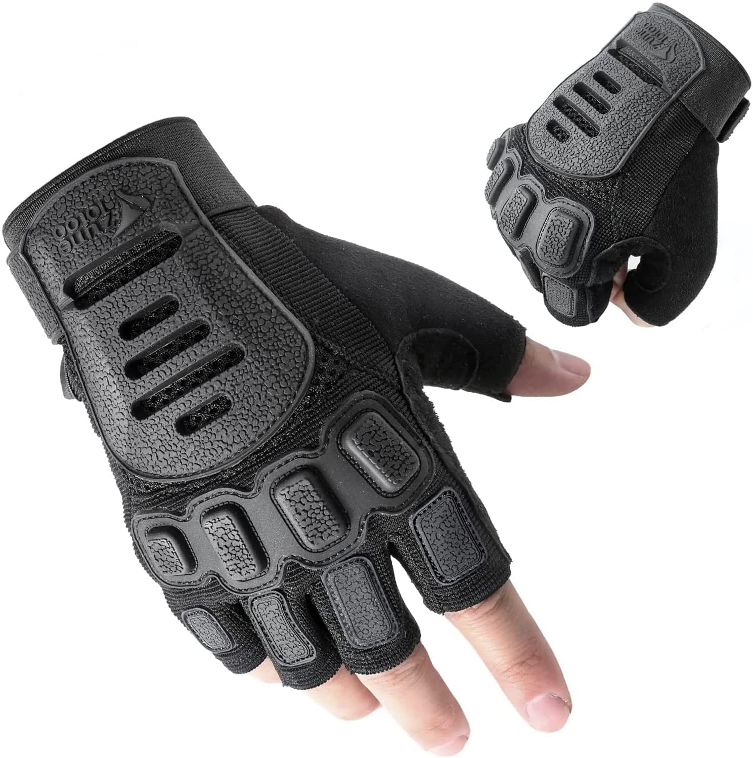 ZUNE LOTOO Fingerless Motorcycle Gloves for Men and Women, Touchscreen Motorbike Black Gloves, Non-Slip Palm Padded MTB ATV BMX Gloves, for Cycling, Riding, Road Racing, Motocross, Airsoft, L