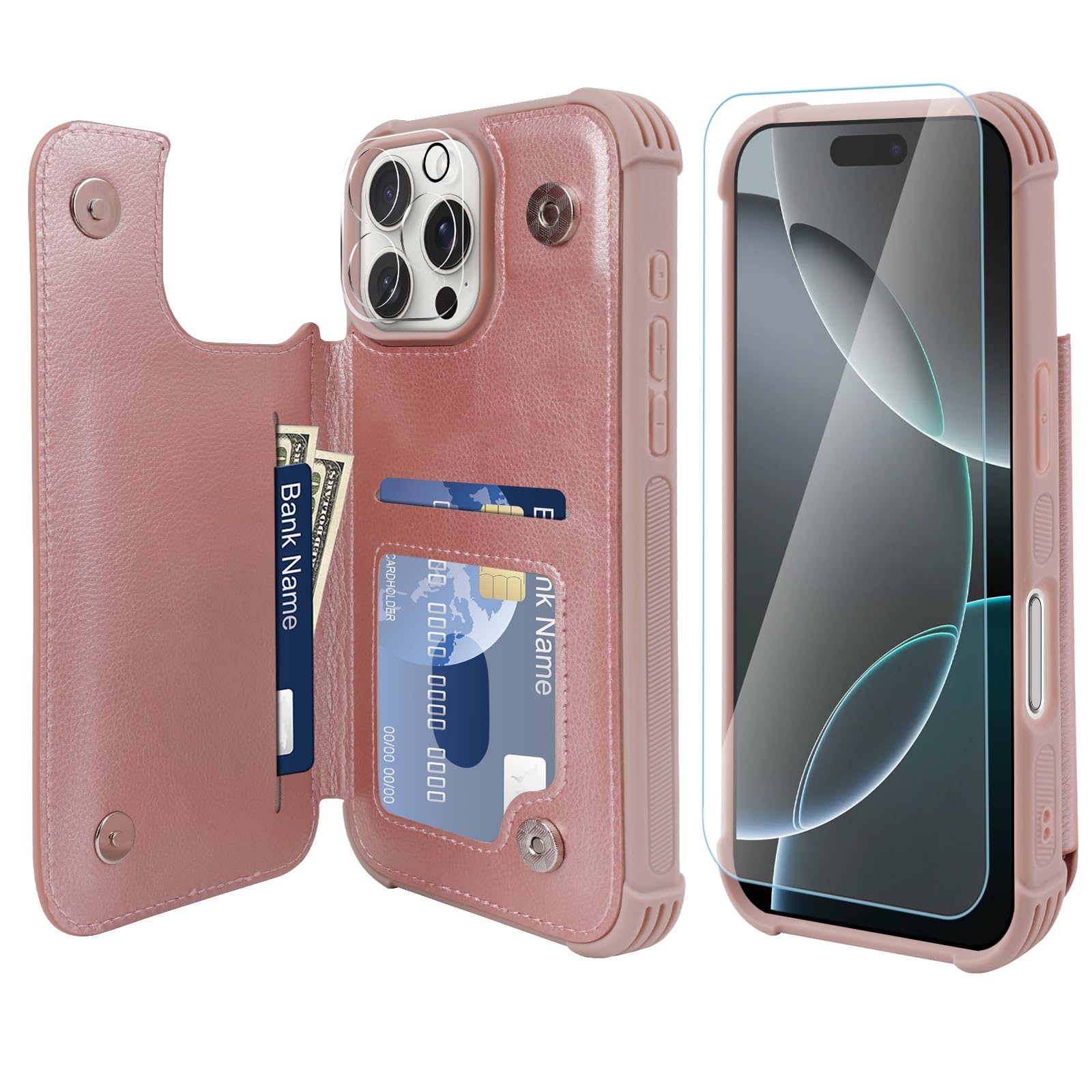 VANAVAGY Compatible for iPhone 16 Pro Wallet Case with Credit Card Holder,Rfid Leather Flip Folio Phone Cover Fits Magnetic Car Mount and Stand with Screen Camera Protector,Rose Gold