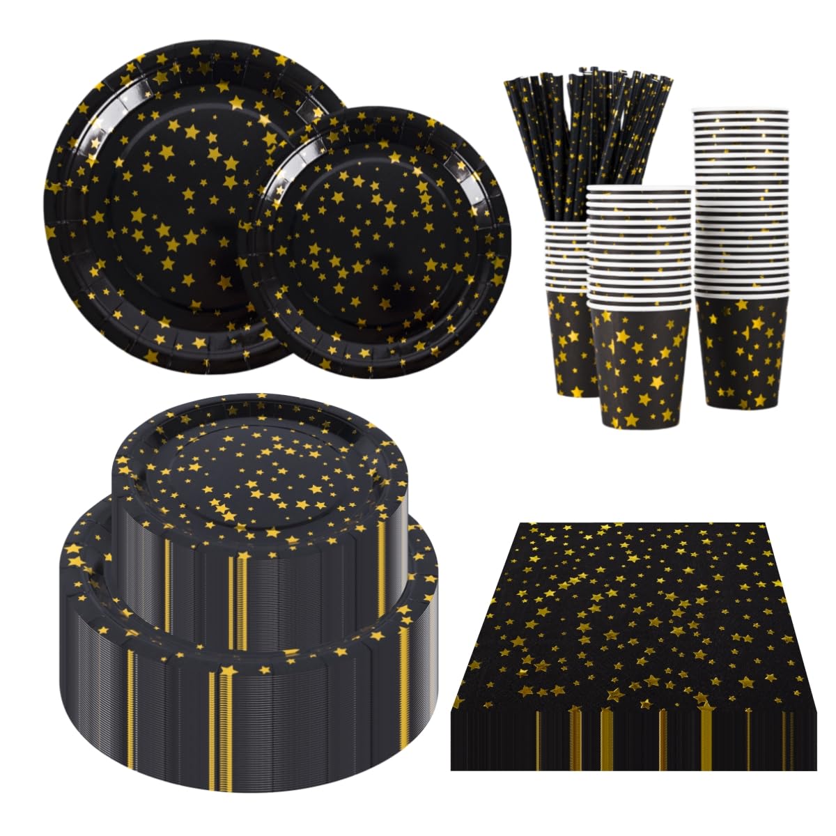 CEILIWEN 50 Guests Black and Gold Party Supplies Set, Black Gold Stars Paper Tableware, Disposable Party Dinnerware Set- Include 9'' Plates, 7'' Plates, Napkin, Cup, Straw, 250PCS