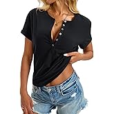 EasyGala Womens Cotton Deep V Neck Tops Low Cut Short Sleeve Henley Shirts Sexy Fitted Tees Summer Fashion Clothes 2025