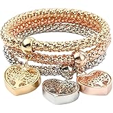 SUNNYCLUE 3Pcs Multilayer Stretch Bracelet Tree of Life Bracelets Set Love Heart with Tree Charms Gold Silver Rose Gold Lucky Fashion Multi Layered Jewelry for Women Adults Gifts Birthday Christmas