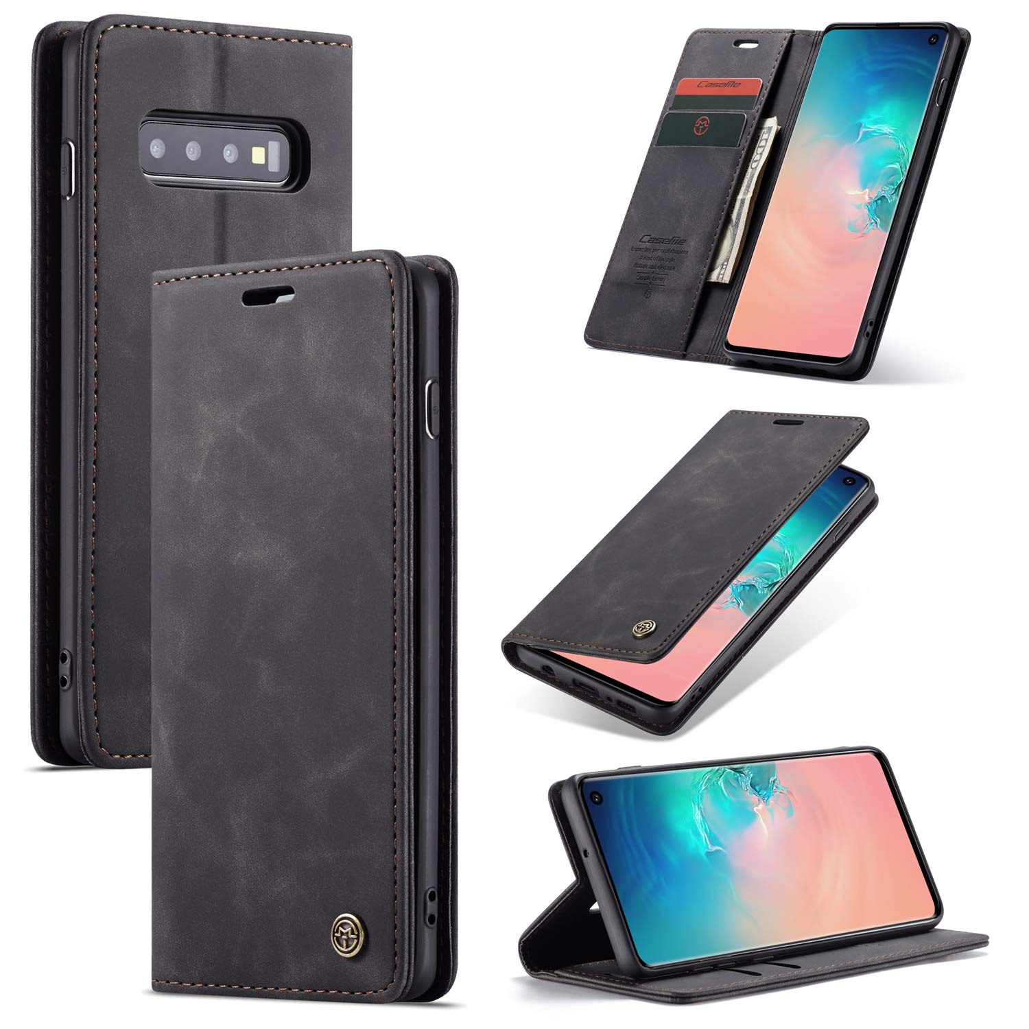 QLTYPRI Case for Samsung Galaxy S10, Vintage PU Leather Wallet Case Card Slot Kickstand Magnetic Closure Shockproof Flip Folio Case Cover for Samsung Galaxy S10 - Black