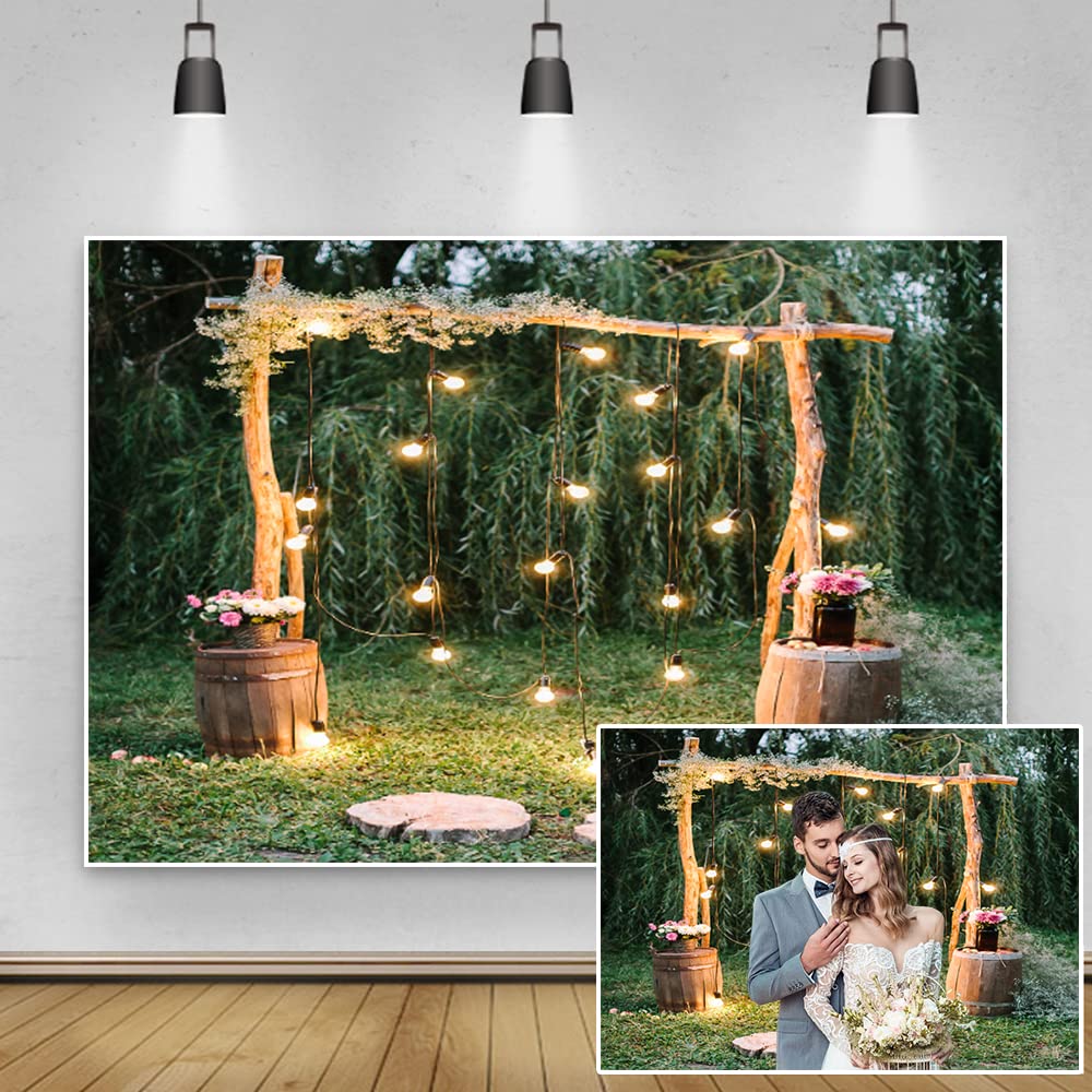 Renaiss 15x10ft Wedding Decoration Background Green Tree Lawn Rustic Style Wedding Arch Decorations Twinkle Lights Floral Bouquets Backdrop Engagement Ceremony Valentine's Day Portrait Studio Props