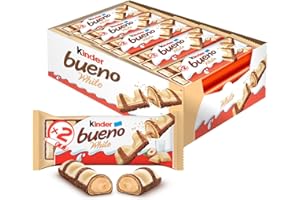 KINDER BUENO White Chocolate and Hazelnut Cream Candy Bars, 20 Packs, 2 Individually Wrapped Bars Per Pack (20 x 39g)