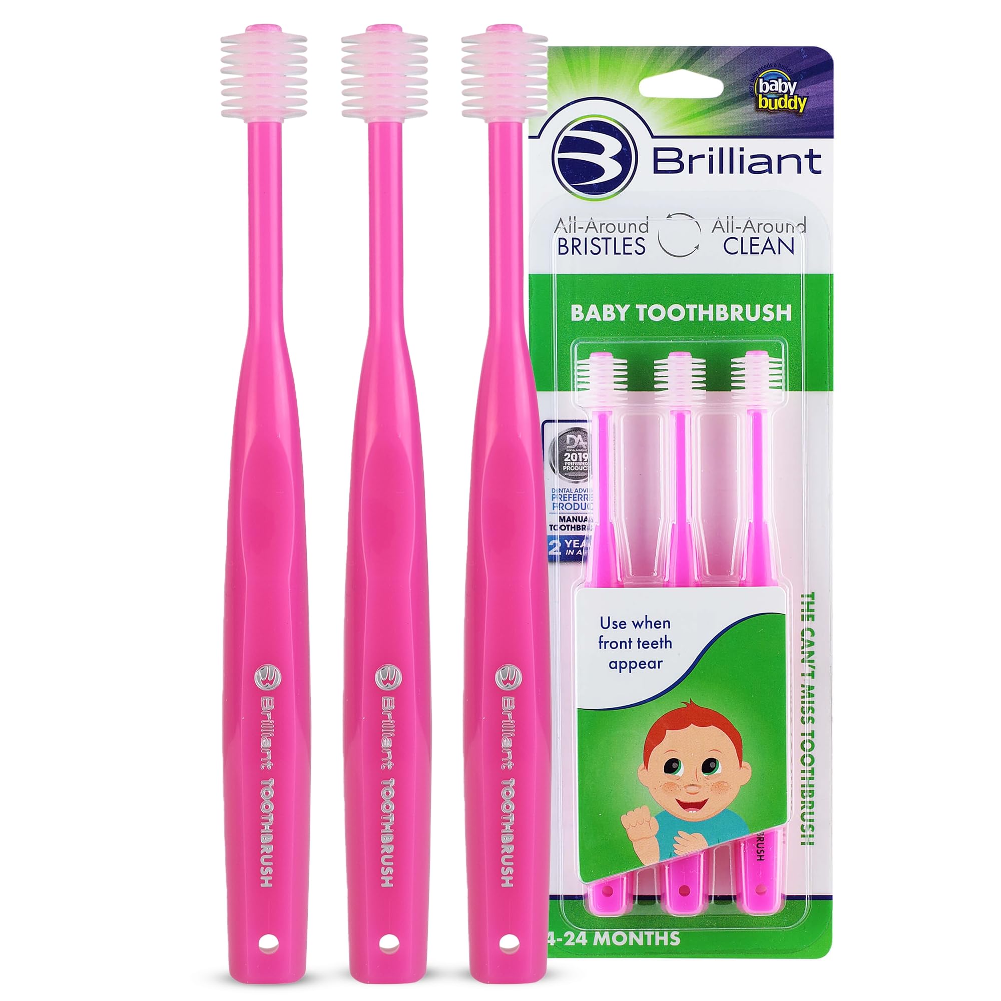 Brilliant Baby Toothbrush by Baby Buddy - for Ages 4-24 Months, BPA Free Microfiber Bristles Clean All-Around Mouth, Kids Love Them, Pink, 3ct