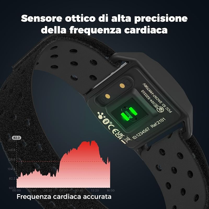 HW706 Fascia Cardio da Braccio Bluetooth Ant+, Cardiofrequenzimetro Impermeabile IP67, Compatibile con Wahoo Fitness, Strava, iCardio, DDPY, Pulsoid