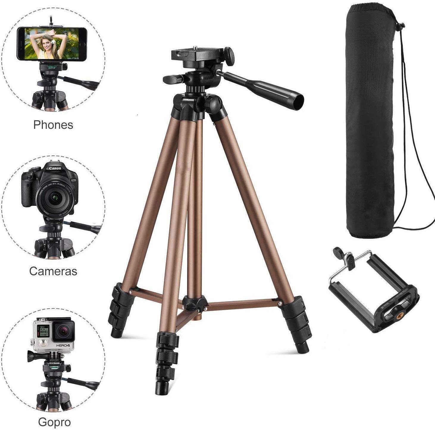 Teconica 3110A Portable and Foldable Tripod with Mobile Clip Holder Bracket & Three-Dimensional Head for Making Tiktok Videos Compatible with All Smartphones and DSLR Cameras - Assorted Colour