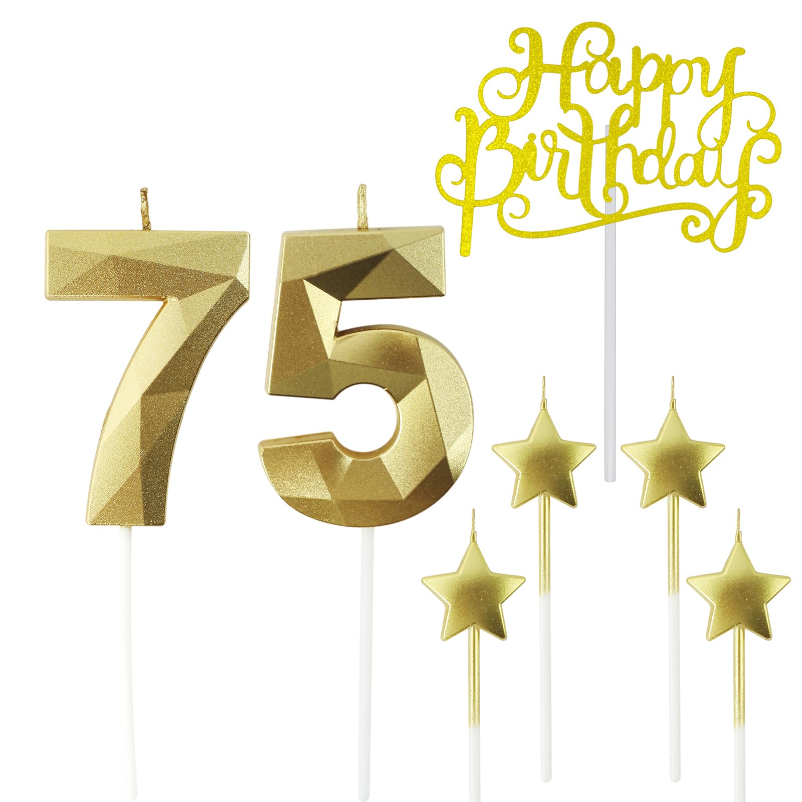 Photo 1 of Golden Number 75 Birthday Candles and Star Birthday Candles 2.76 inch Birthday Cake Candles 3D Diamond Shaped Candles are Suitable for Birthday Parties and Anniversary Cake Decorations Candles