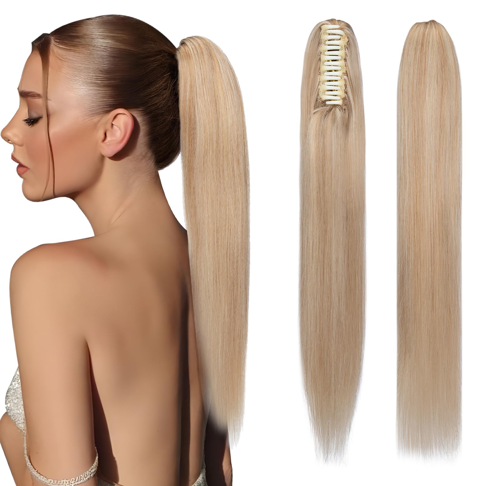 Elailite Claw on Ponytail Extension Real Human Hair Clip Natural HairPiece Straight (#18/613 Ash Blonde Mix Bleach Blonde, 22 Inch)