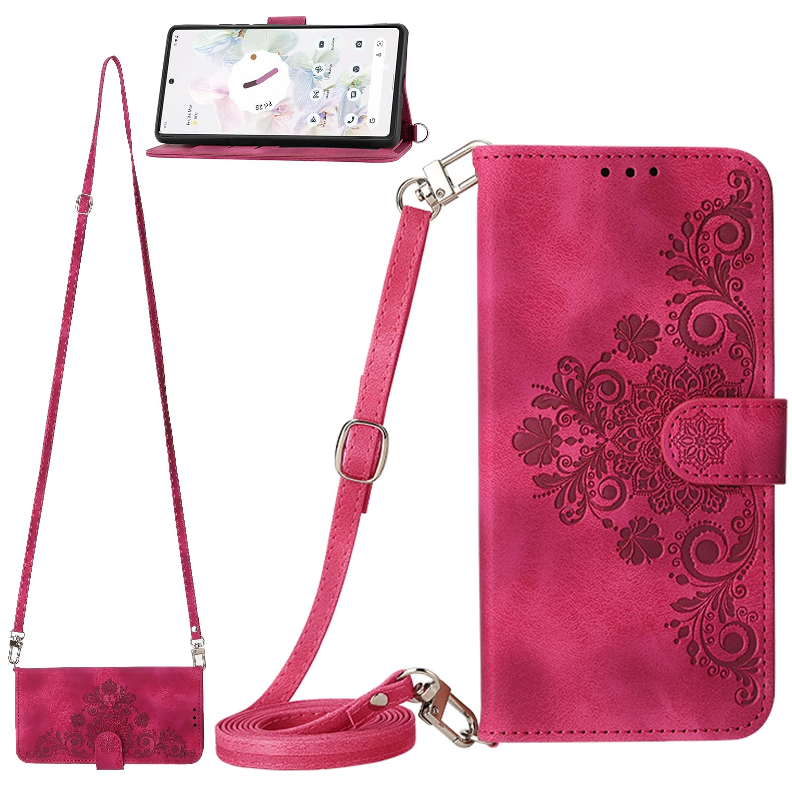 BAILI Wallet Case for Sony Xperia 10 VI Cover, 5 Card Slots, Wrist Strap Relief Embossed flowers Magnetic Closure Folio Cases for Sony Xperia 10 VI-10