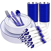 WELLIFE 210 Piece Blue Disposable Dinnerware Set,Plastic Plates for Party, Include: 30 Dinner Plates, 30 Dessert Plates, 30 Pre Rolled Napkins with Gold Silverware and 30 Gold Cups
