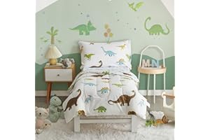 UOZZI BEDDING 4 Pieces Toddler Bedding Set Dinosaur White with Colorful Dinos and Monsters Toddler Comforter Sheet Set for Autumu and Winter Includes Comforter, Flat Sheet, Fitted Sheet and Pillowcase