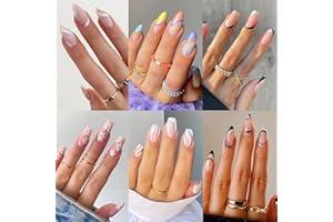 6 Packs (144 Pcs) Press on Nails Medium Design, Misssix Fake Nails Almond and Square Glue on Nails Set with Adhesive Tabs Nail File Acrylic False Nail Kits for Women