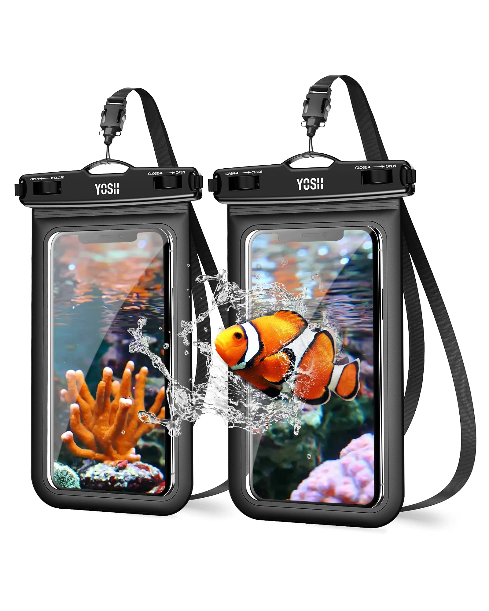 YOSH Waterproof Phone Case Universal Waterproof Phone Pouch IPX8 Dry Bag Compatible for iPhone 12 11 SE X 8 7 6 Galaxy S21 Pixel up to 6.8", for Swimming Raining Dustproof Bath - Black 2-Pack