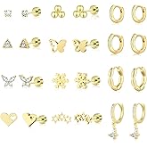 HILXURY 12 Pairs 14K Gold Plated Flat Back Hypoallergenic Earrings for Women Men Surgical Stainless Steel Earrings for Sensitive Ears Small Gold Stud Hoop Cartilage Earring Stack Set for Multiple Piercing Jewelry