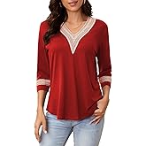 Womens Tops 3/4 Sleeve Shirts Casual Lace V Neck Blouses Loose Fit Dressy Basic T-Shirt