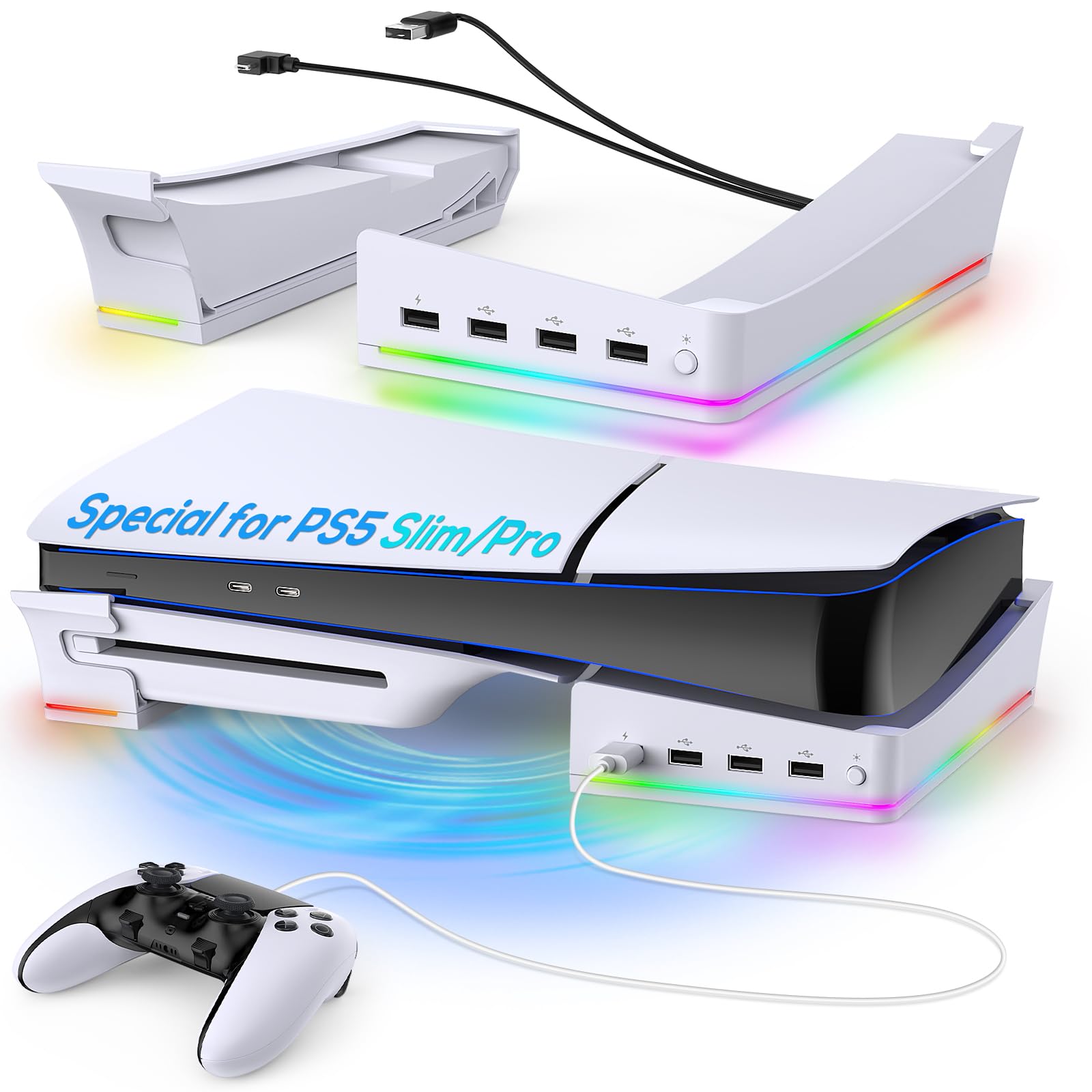 FYOUNG Horizontal Safety Stand for PS5 Pro / PS5 Slim Digital & Disc Edition with 14 RGB lights, Non-Slip Bracket Base Accessories with 4-Port USB Ports- White