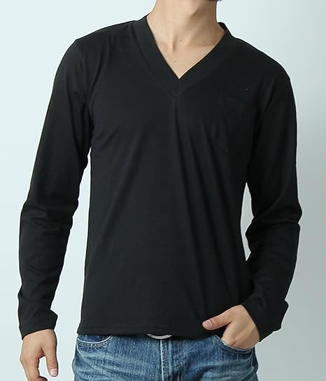 Amazon 無地 ｖネック ポケット付き ロンｔ カットソー ｔシャツ 長袖 メンズ Mサイズ ブラック Tシャツ カットソー 通販