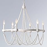 COCOSTAR 28 Inch White Beaded Chandelier Light Fixture Boho Style, 6-Light French Country Wagon Wheel Chandelier,Coastal Farm