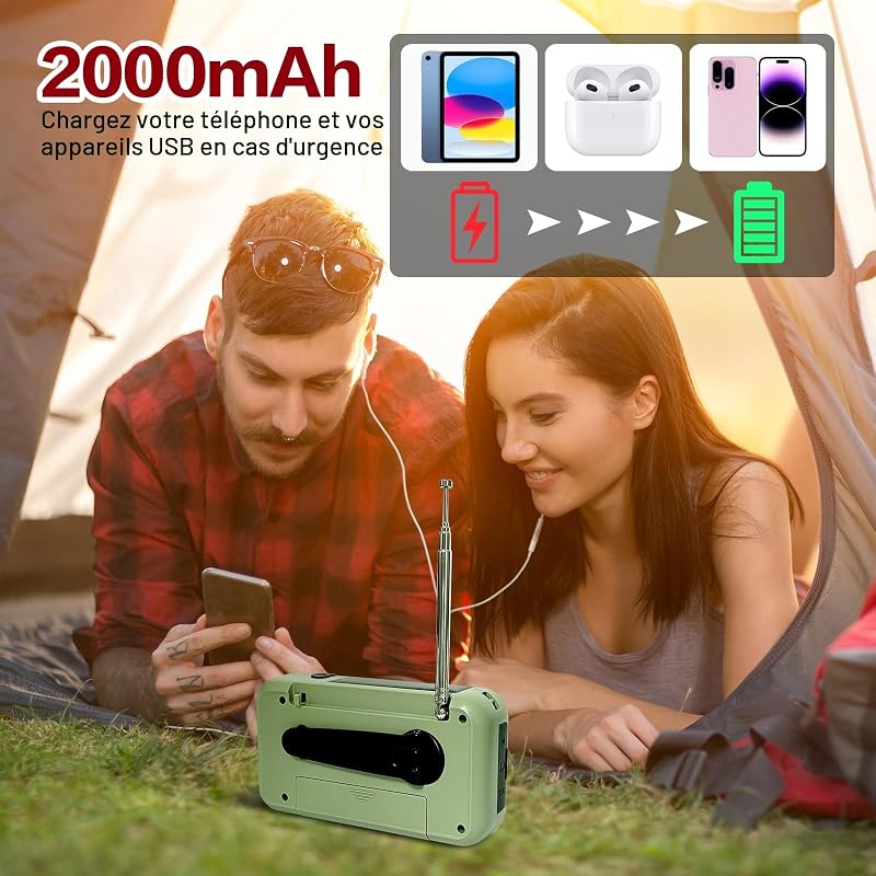 Radio Portable Urgence, FM/AM Radio de Secours avec Rechargement du Solaire Radios Dynamo à Manivelle avec Lampe de Poche Lampe Lecture LED 2000mAh Powerbank SOS Alarm Outdoor Camping — photo 2 sur 7