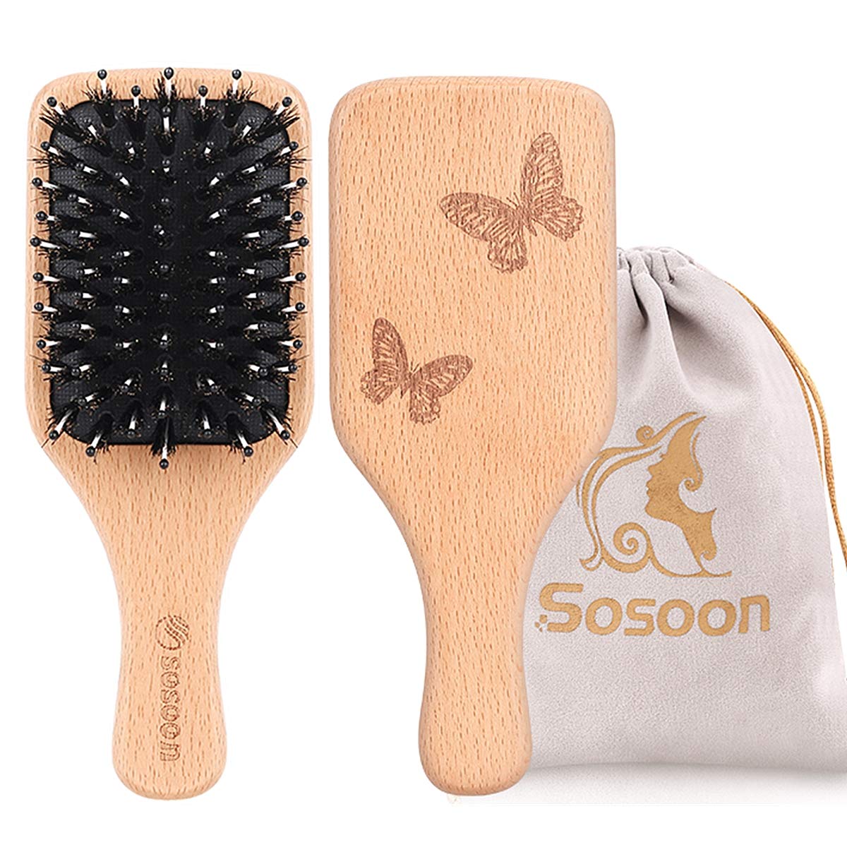 Hair Brush, Sosoon Portable Small Boar Bristle Paddle Hairbrush for Long Thick Curly Wavy Dry or Damaged Hair, Reducing Hair Breakage and Frizzy No More Tangle, 1 Pack