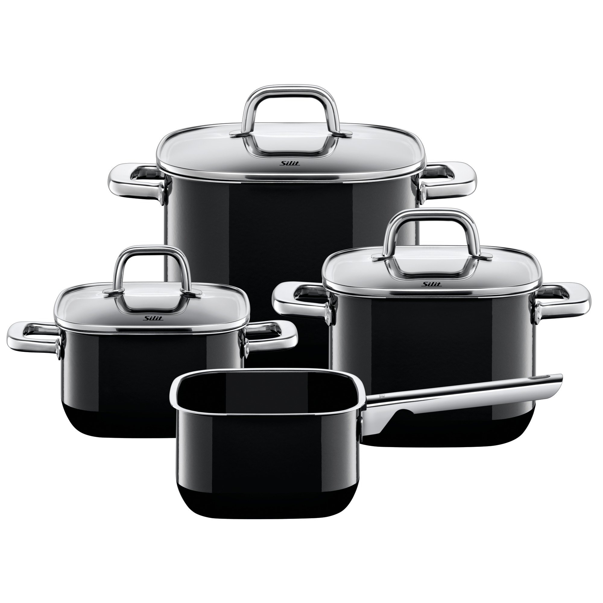 Silit Quadro Square Shape Stackable Full Metal Handles Silargan Functional Ceramic Pot Set, Black, 4-Piece