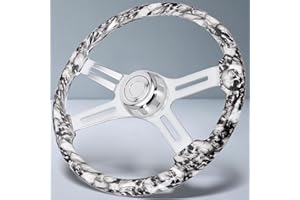 Sorghum 18" Solid Wood Steering Wheel - Hydrographic White Skulls 4 Spokes Aluminum Chrome Steering Wheel with Horn Button fo