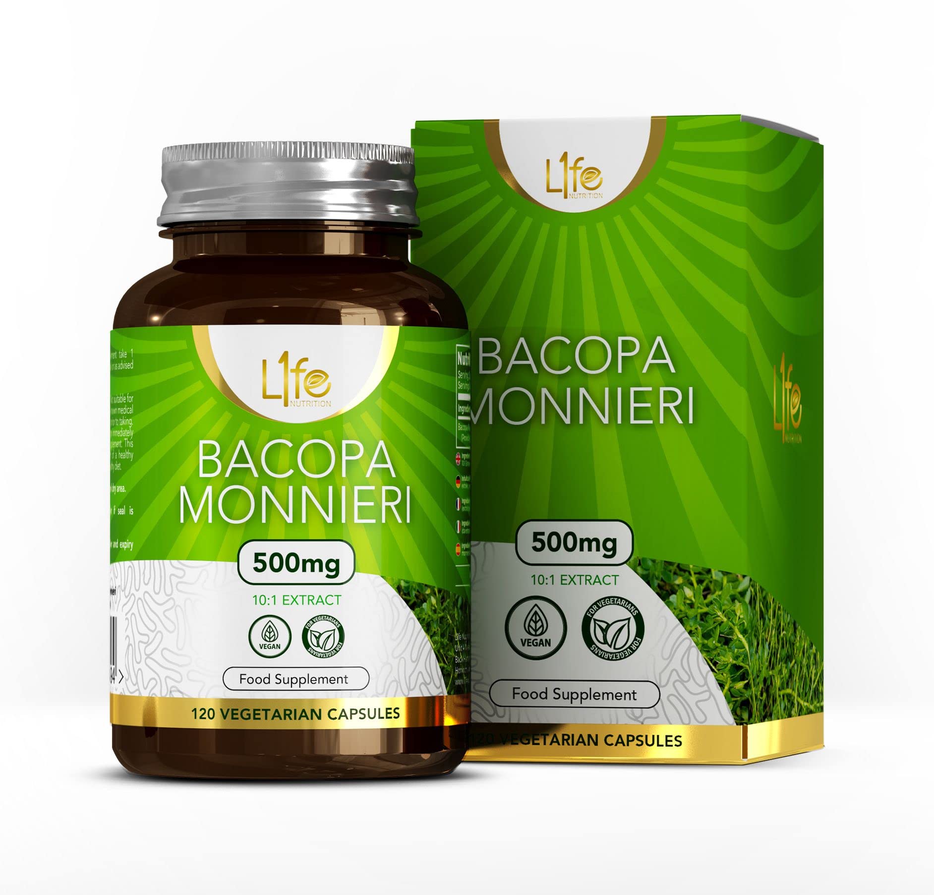 LN Bacopa Monnieri | 120 Vegan Bacopa Capsules - High Strength Brahmi Capsules - 500mg per Serving | Non-GMO, Gluten, Dairy & Allergen Free | Manufactured in The UK
