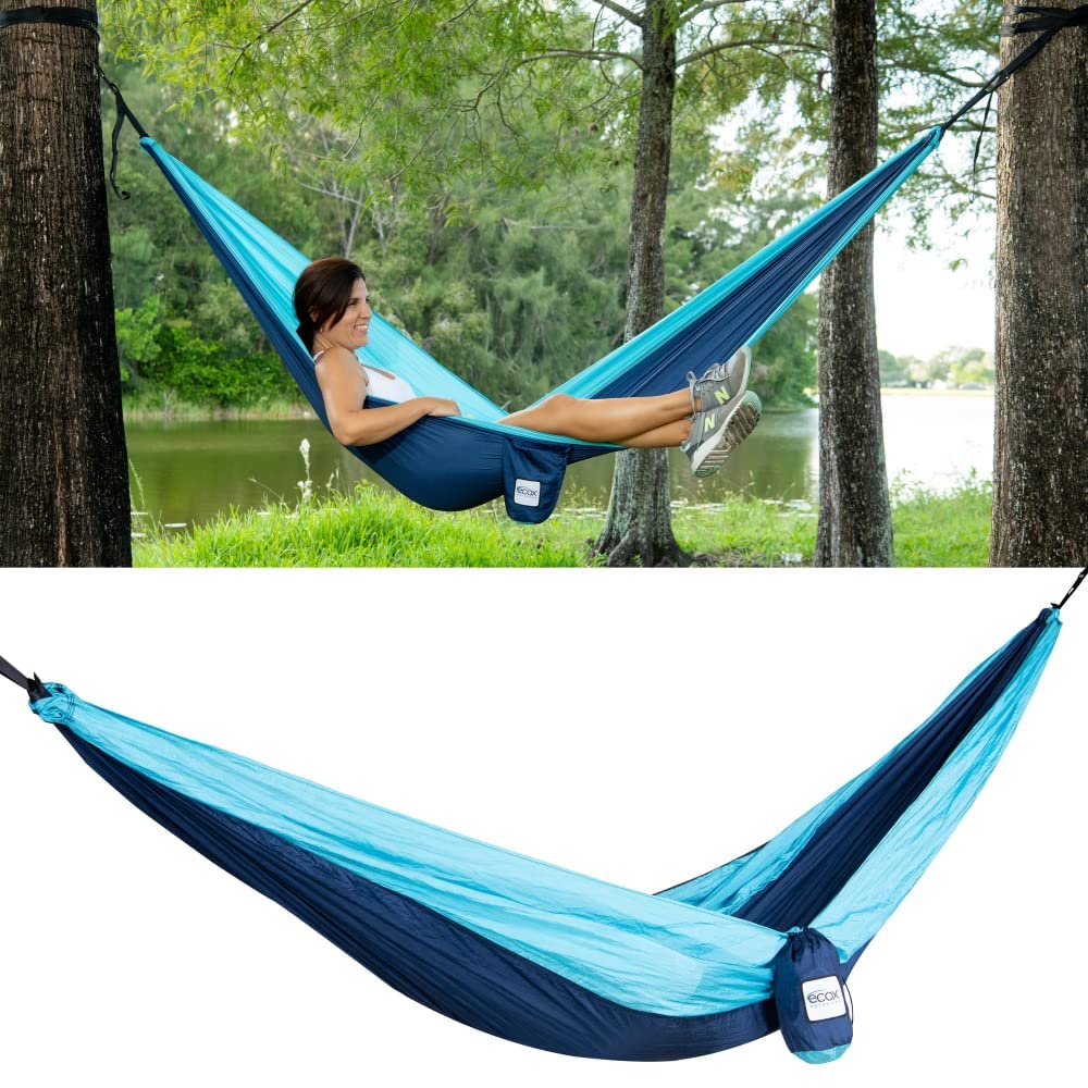 ecox Outdoors Parachute Hammock Single with 2 Tree Straps, Portable Lightweight Nylon Comfortable for Backpacking, Camping, Travel, Beach, Backyard, Patio, Hiking