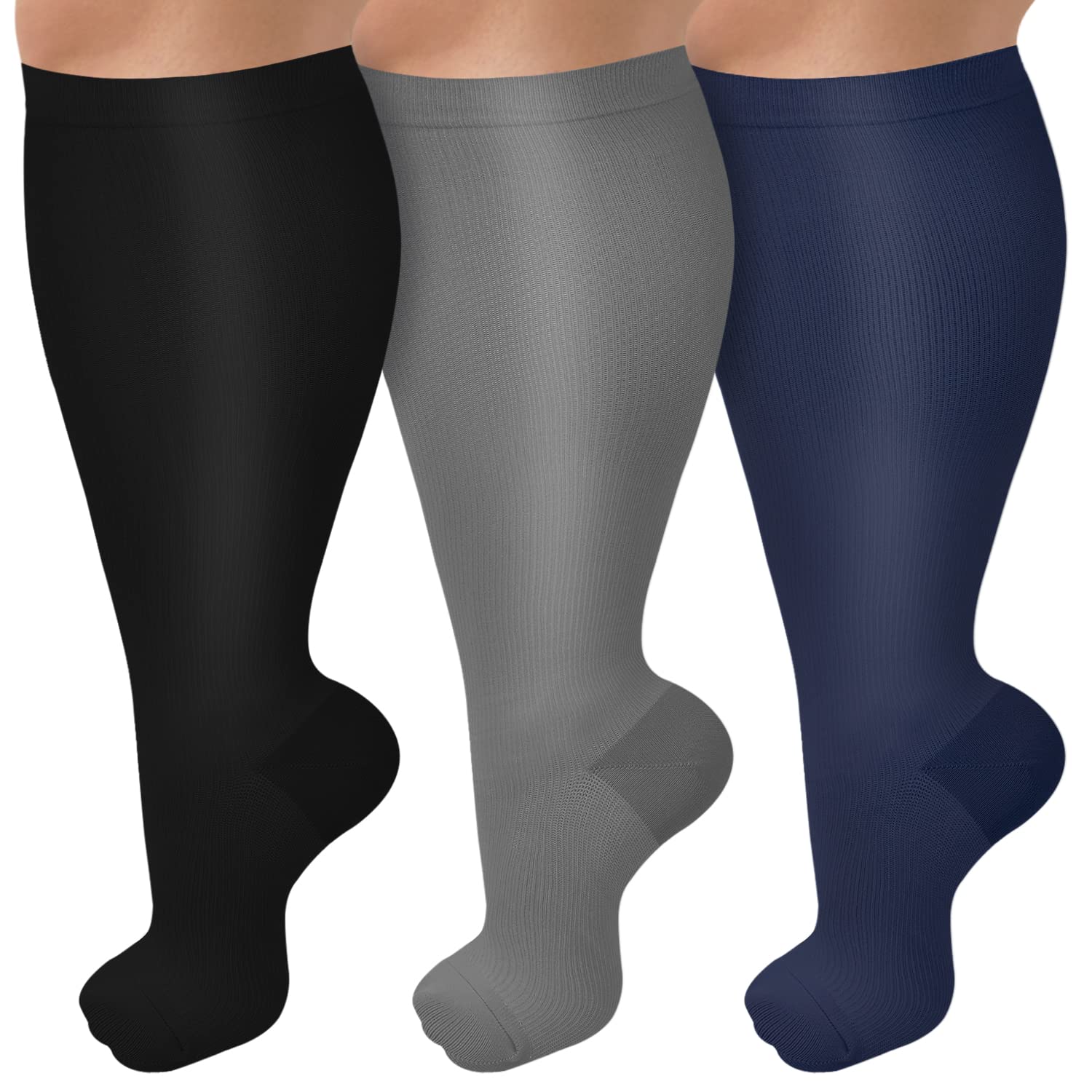 Photo 1 of 3 Pack Wide Calf Compression Socks for Women & Men, Plus Size Knee High Stockings for Circulation Support, Black Gray Navy, 2XL