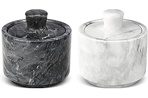 Flexzion Marble Salt Cellar with Lid - Salt and Pepper Bowls Dish Container for Kitchen - Marble Pepper Jar Storage Box Holde