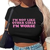 Tarotong Womens Crop Graphic Tees Letter Print Funny Cropped Tops Short Sleeve Y2k Baby Tee