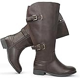 Chicblooms Women's Classic Extra Wide Calf Flat Heel Double Buckle Back Stretch Knee High Boots