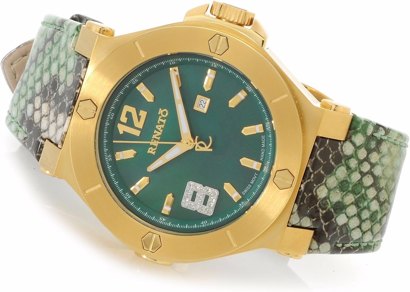 Renato Women’s Beauty Swiss Quartz Green Dial Gold Tone Case Patterned Leather Watch TW-5157R7-13