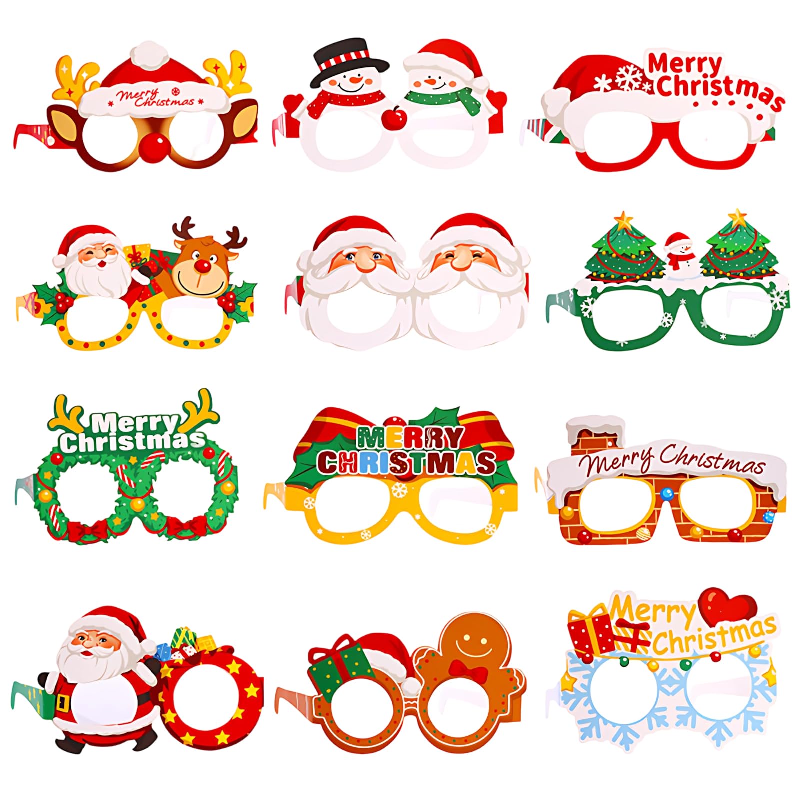 SrgPui 12 Pack Novelty Christmas Glasses, Christmas Party Decorations, Paper Glasses Photo Props Christmas Decoration Costume Party Glasses Frame for Teens Adults Christmas Party Favors Gift
