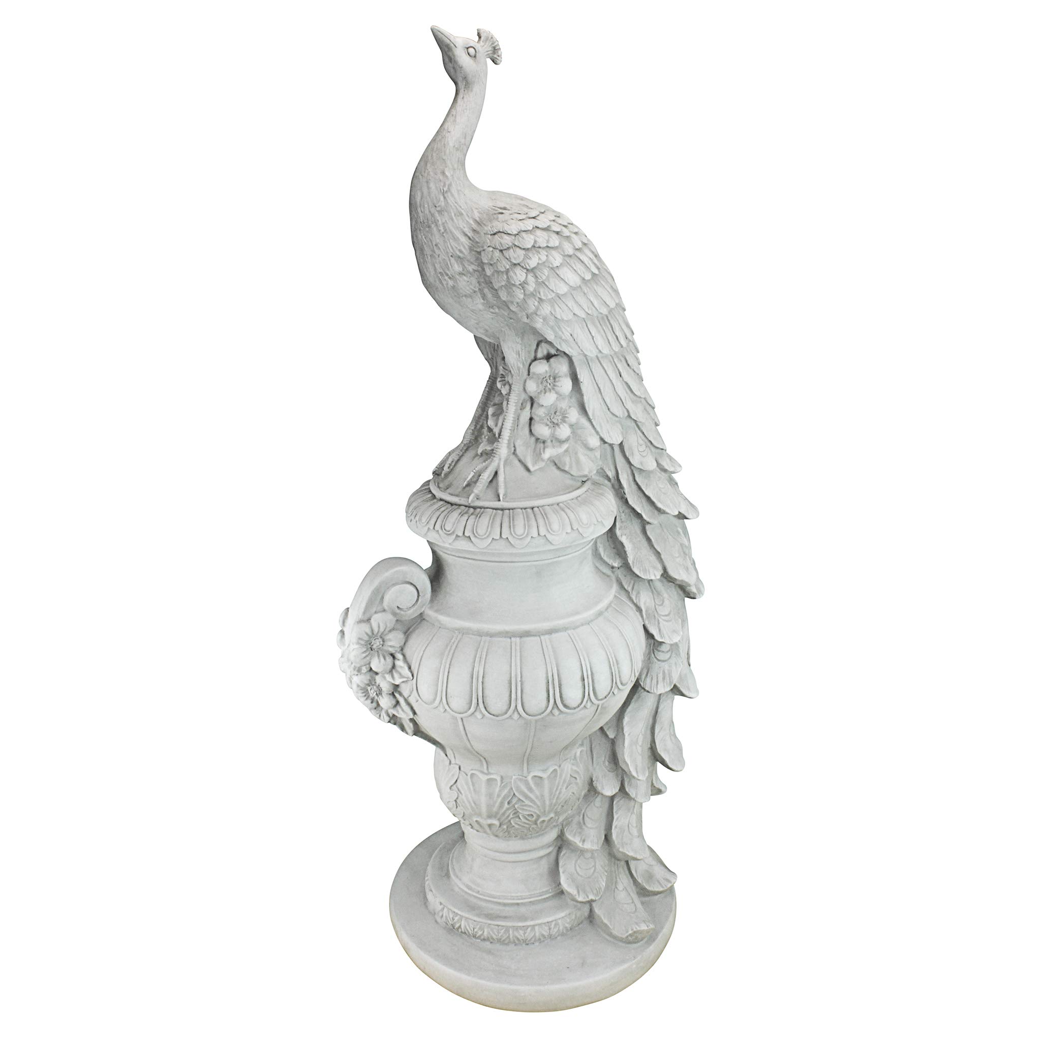 Design Toscano Staverden Castle Peacock on an Urn Garden Statue, 86.5 cm, Polyresin, Antique Stone, White