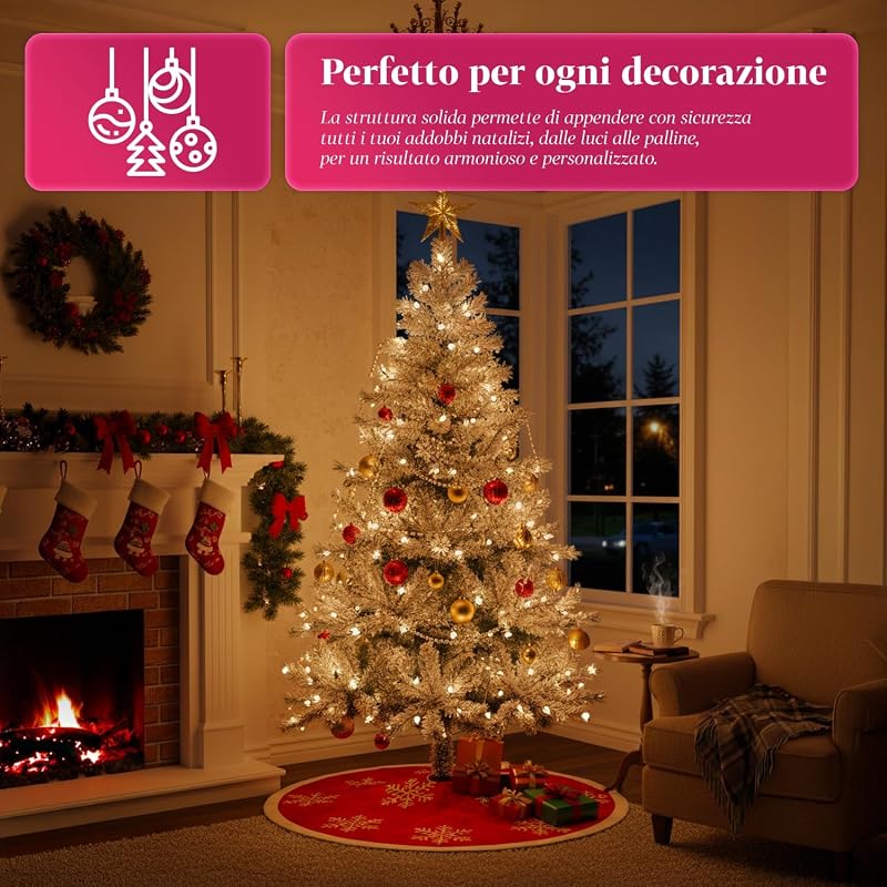 Albero di Natale Artificiale Innevato di 210 cm con 1078 Rami Folto. Perfetto per Interni, Pronto per Essere Decorato con Luci e Ornamenti Natalizi con Base in Metallo e Innesto Facile Ø 110 cm