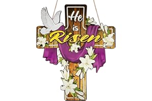 He is Risen Door Sign Easter Decorations, Wooden Religious Cross Sign Easter Decorations Indoor, Lily Flowers Hanging Decors 