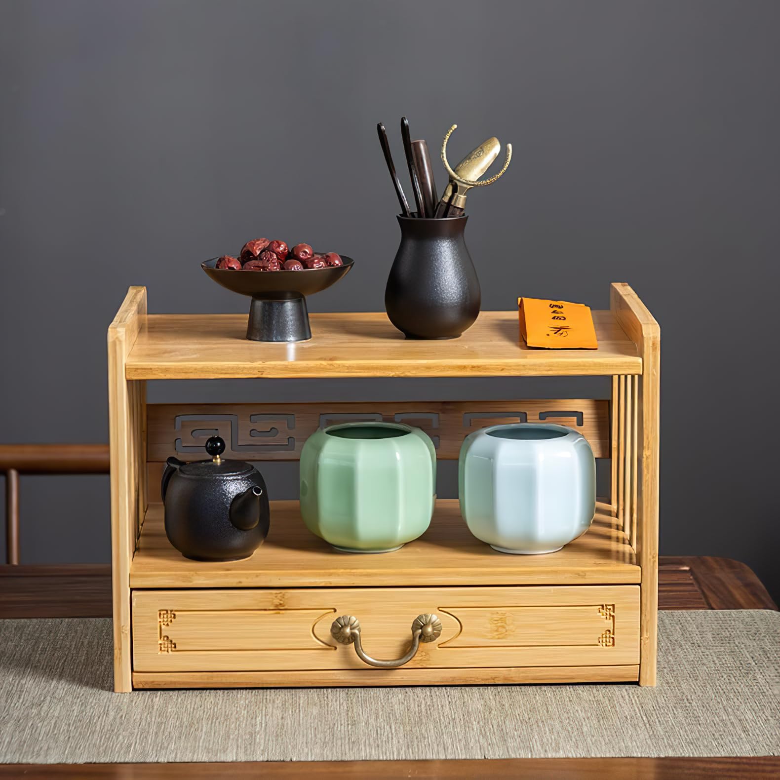 Photo 1 of Gmasiou Meditation Altar Table for Spiritual, Puja Table with Drawer, Perfect Used for Prayers, Divination, Worship or Bamboo Furniture for Displaying Jars, Plants and Books (16.5x9.8x11 in)