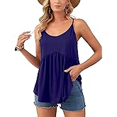 Vrtige Women's Spaghetti Strap Crewneck Pleated Ruffle Hem Sleeveless Cami Tank Peplum Top Navy Blue Medium