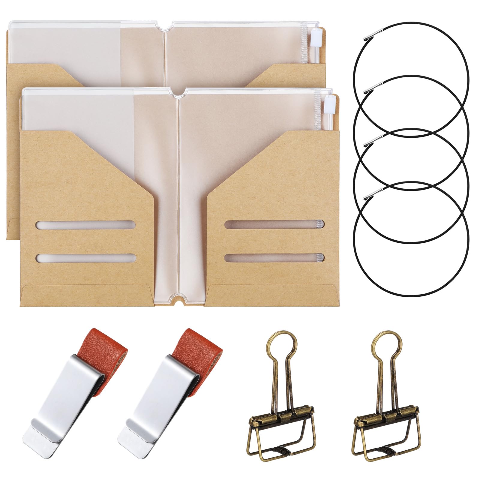 Photo 1 of Mooliwe 2 Pack Travelers Notebook Accessories Kit Include Travel Kraft File Folder, Zipper Case, Pen Holder, Binder Clip and Elastic Bands Travel Accessories Supplies(Passport Size)