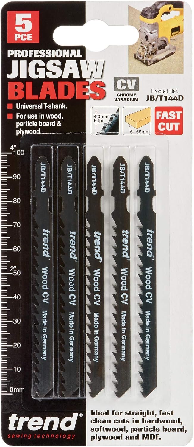 Trend Professional Jigsaw Blades, Pack of 5, 100mm x 4mm, CV Up-Cut, Perfect for Soft Materials Universal T-Shank, JB/T144D, Black - Image 4