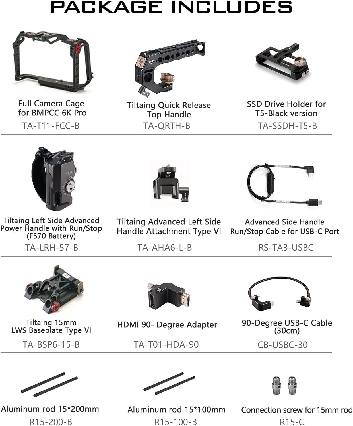 Diagram showing all components included in the Tilta Camera Cage Advanced Kit
