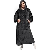PAVILIA Blanket Hoodie for Women Black, Sherpa Wearable Blanket Men, Cozy Oversized Sweatshirt Blanket, Warm Fleece Hooded Blanket Sweater with Sleeves and Giant Pocket, Adult Long, Black