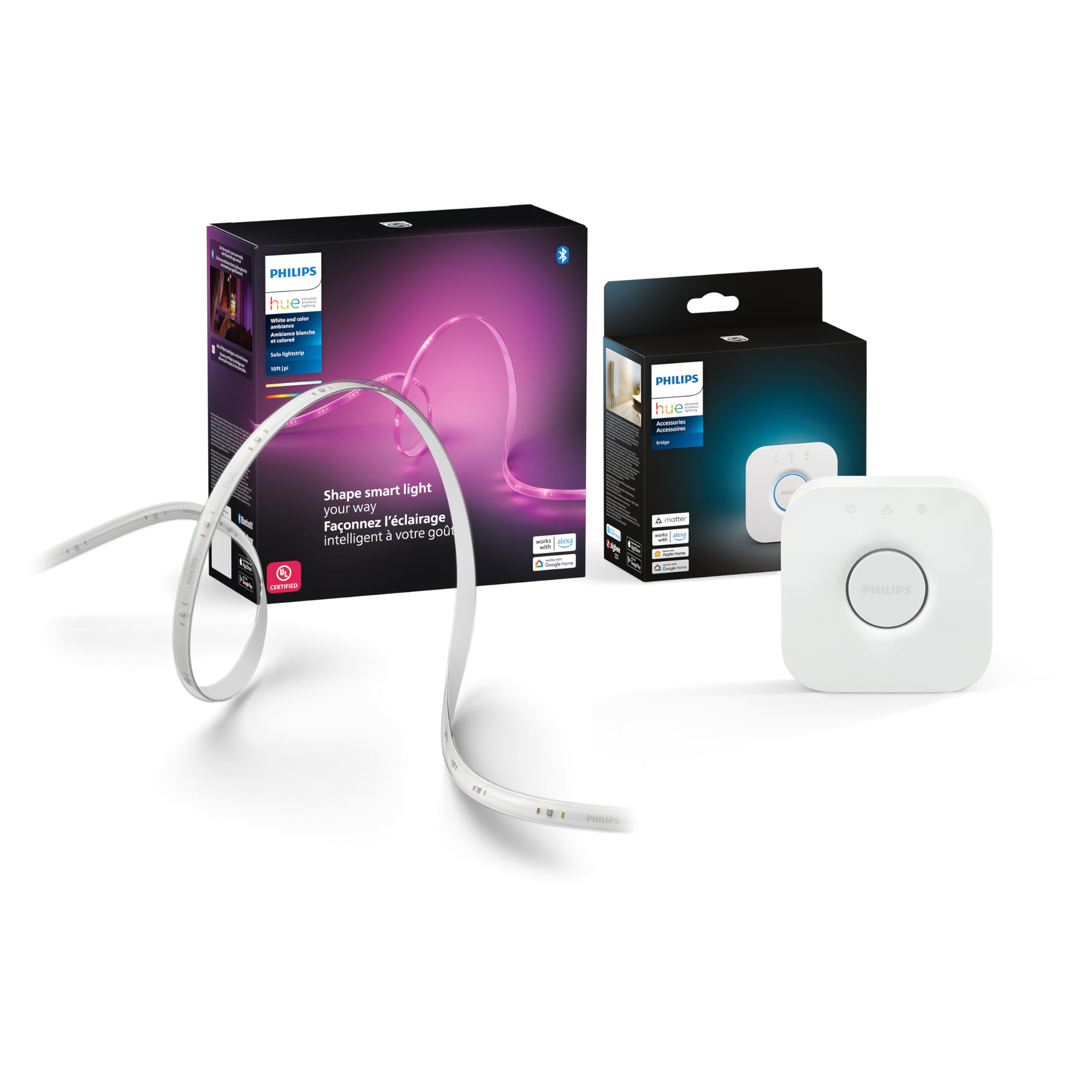 Photo 1 of Philips Hue Indoor 10 Ft Smart LED Solo Lightstrip Base Kit Bundle with Bridge - Control with Hue App, Compatible with Alexa, Google Assistant, Apple HomeKit