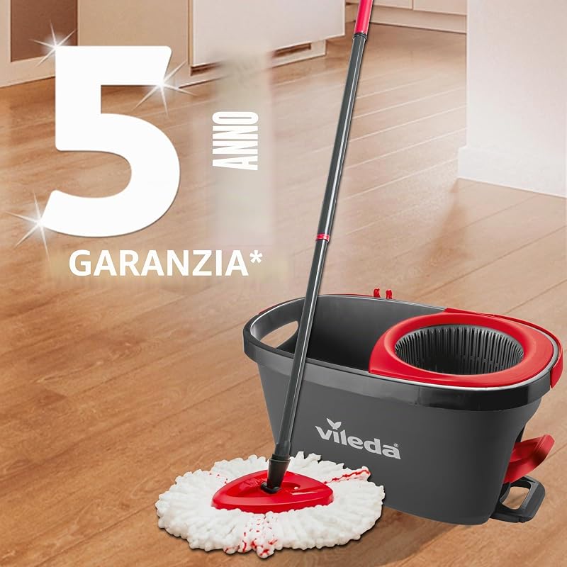 Turbo Sistema Lavapavimenti con strizzatore a pedale, Manico telescopico 65 – 131 cm, Mocio lavapavimenti con strizzatore a pedale, Fiocco in microfibra, Pulizia profonda con minimo sforzo