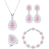 GZWHD Sparkling Jewelry Set for Women, Teardrop Earrings Necklace Bracelet Open Ring Set, Wedding Jewelry for Bride and Bridesmaids, Valentine's Day Mother's Day Thanksgiving Christmas Birthday Birthstone Gifts for Wife Mother Girlfriend Friends Sister