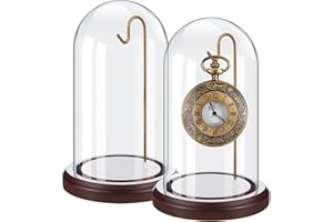 Beeveer 2 Pcs Pocket Watch Glass Display with Hooks Dome Cloche with Wood Base Christmas Decorative Showcase for Watch Plants Medals Photos Collectibles(Reddish Brown,4" X 7",Dome Style)